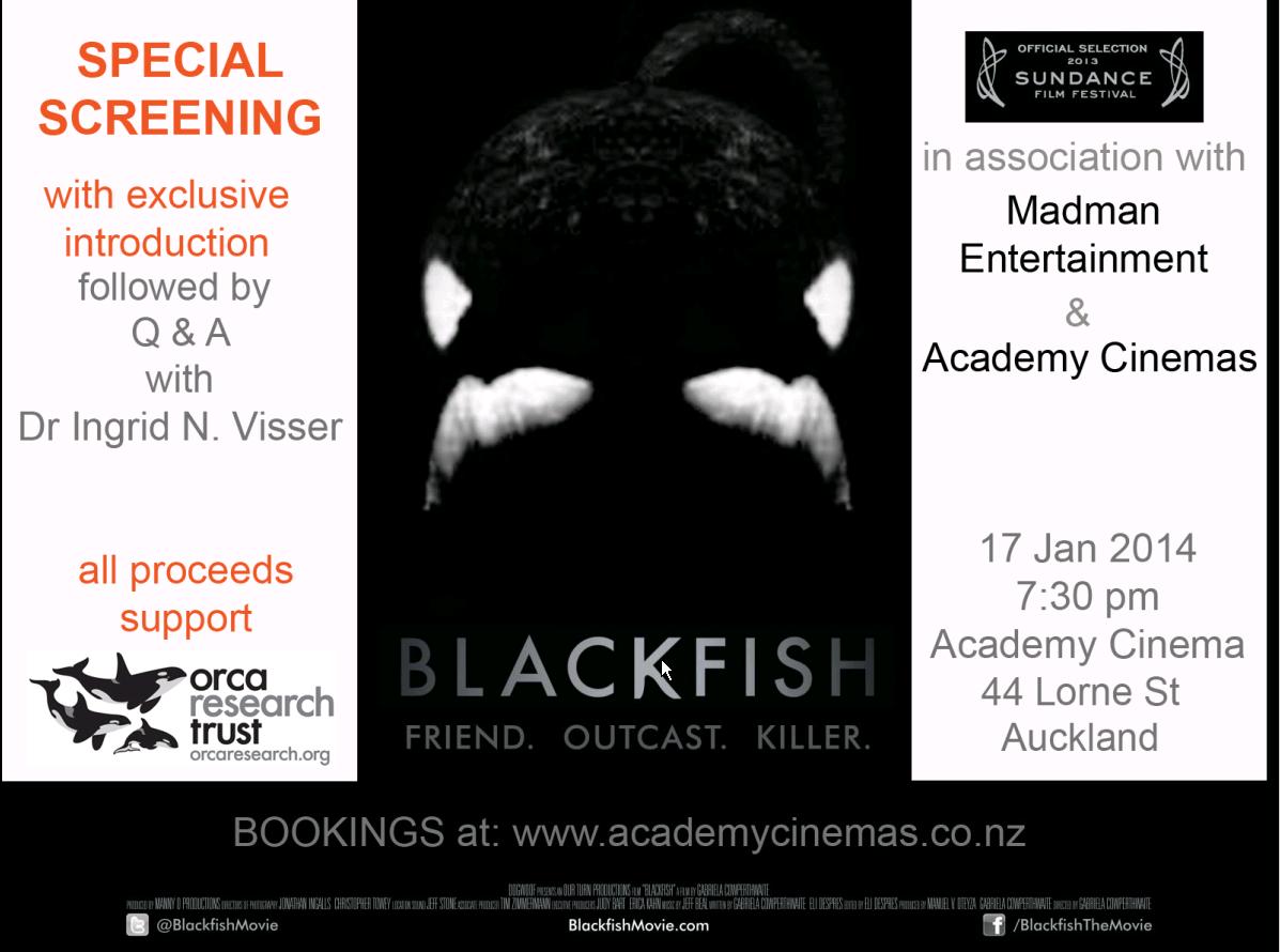 Blackfish Benefit Screening 17 January Auckland 